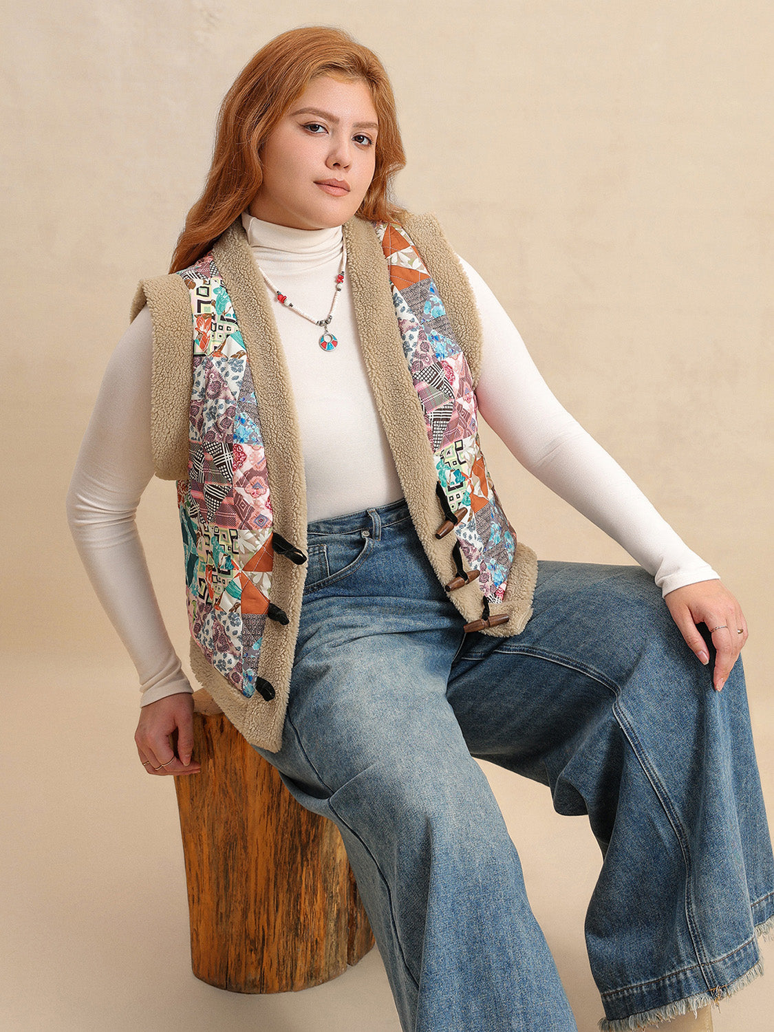 Plus Size Printed Sherpa Vest Coat-TOPS / DRESSES-[Adult]-[Female]-2022 Online Blue Zone Planet