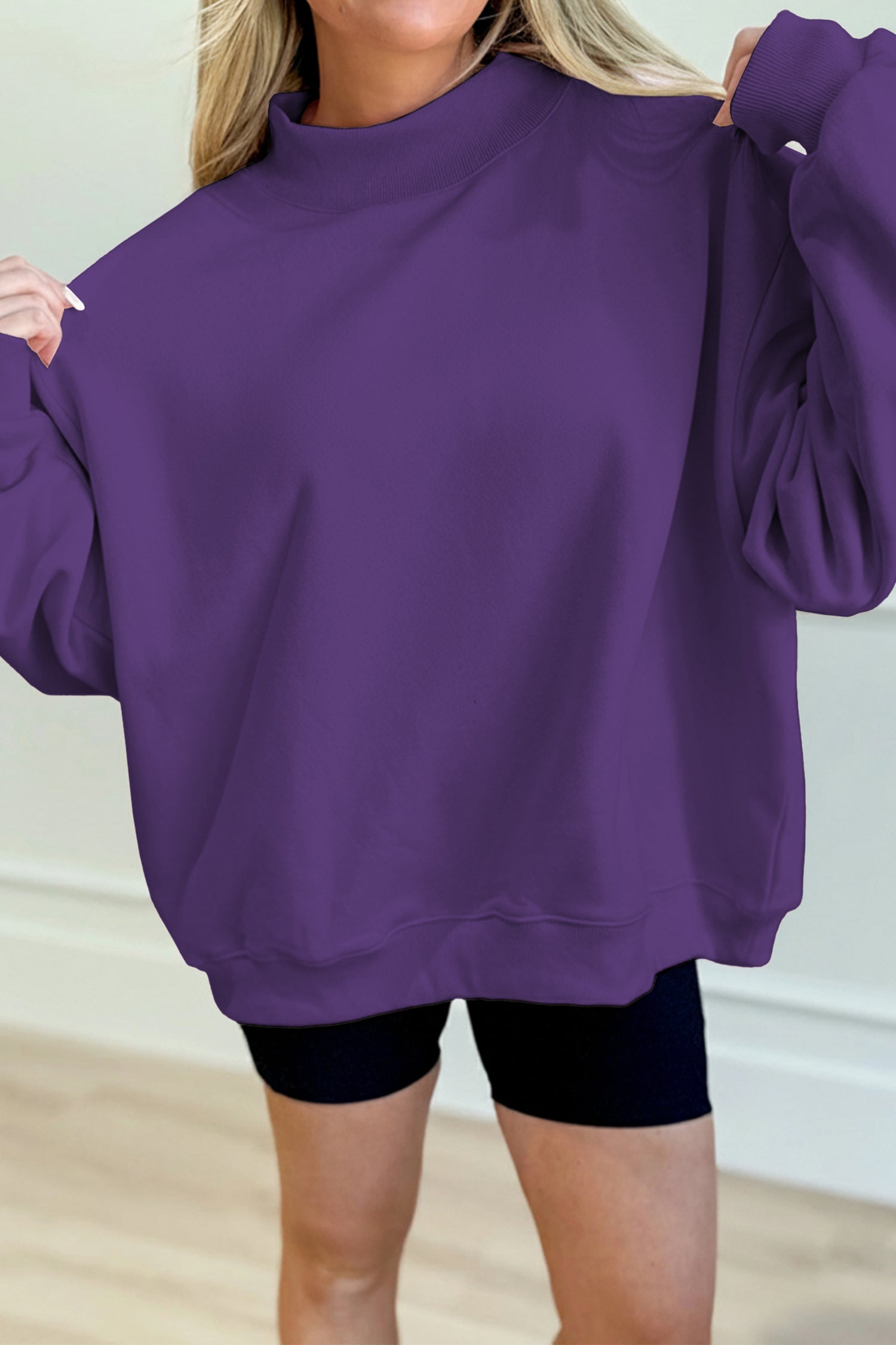 Tillandsia Purple Solid Color Oversized Mock Neck Sweatshirt-Tops/Sweatshirts & Hoodies-[Adult]-[Female]-2022 Online Blue Zone Planet