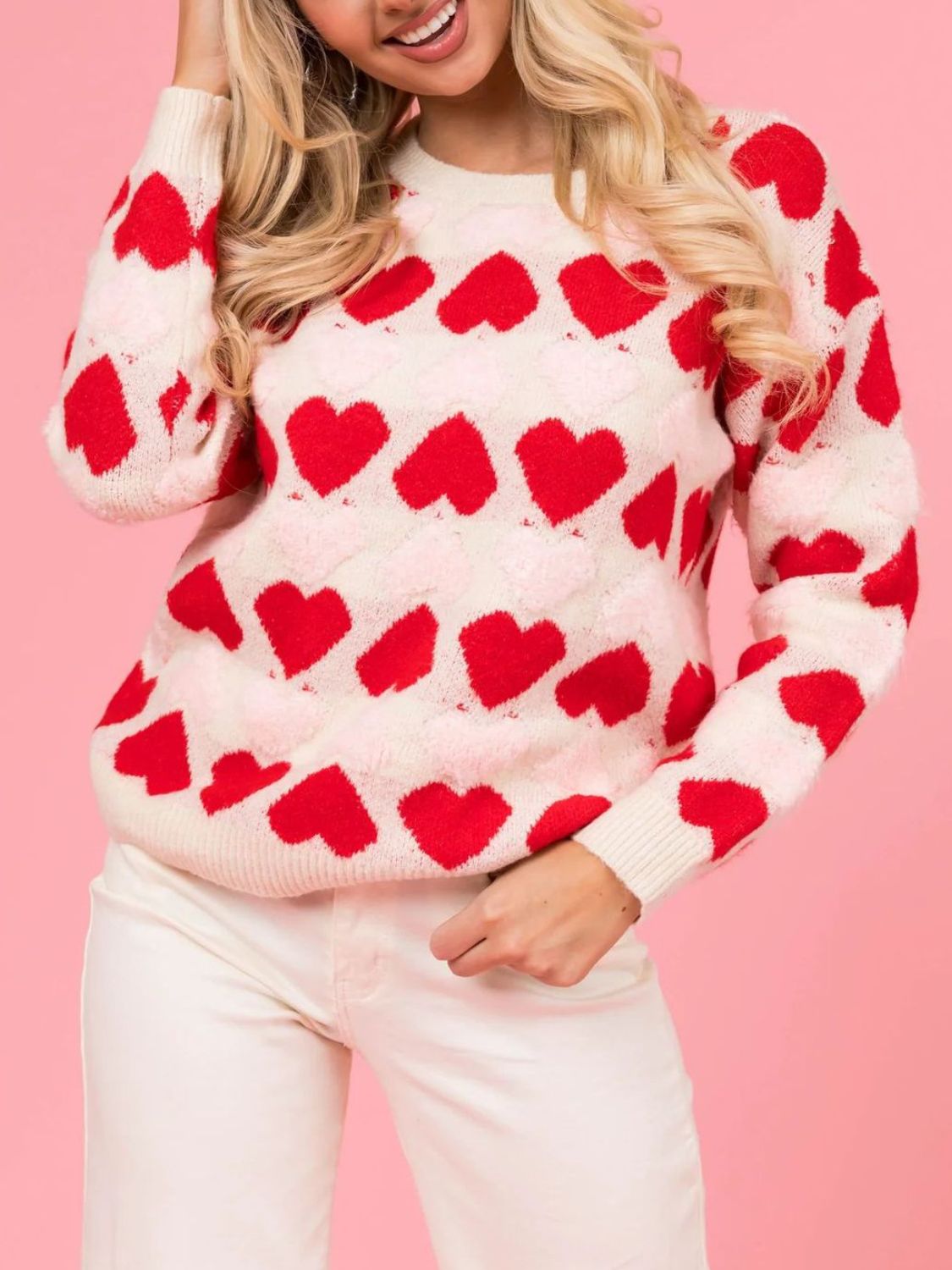 Valentine’s Day Fuzzy Heart Round Neck Long Sleeve Sweater-TOPS / DRESSES-[Adult]-[Female]-2022 Online Blue Zone Planet