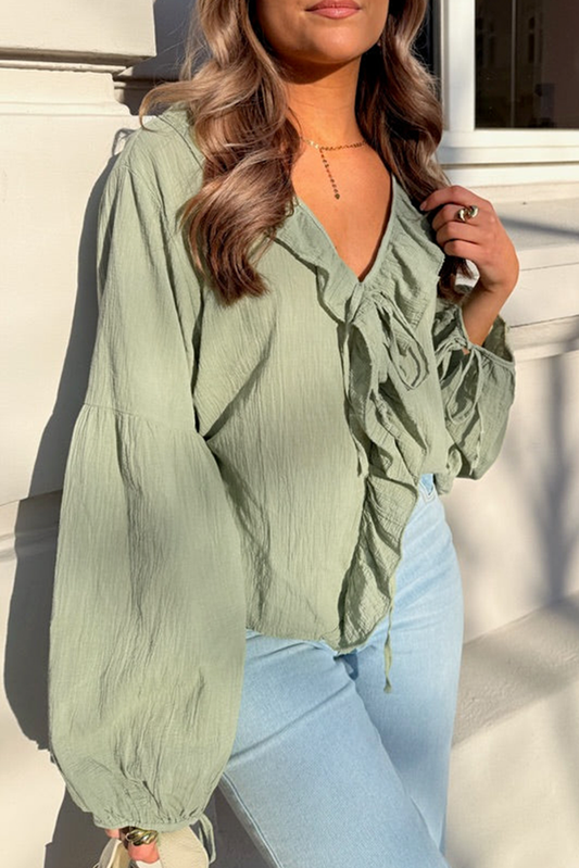 Meadow Mist Green Bow Tie Front Ruffle Trim V Neck Long Sleeve Gauze Blouse-Tops/Blouses & Shirts-[Adult]-[Female]-Meadow Mist Green-S-2022 Online Blue Zone Planet