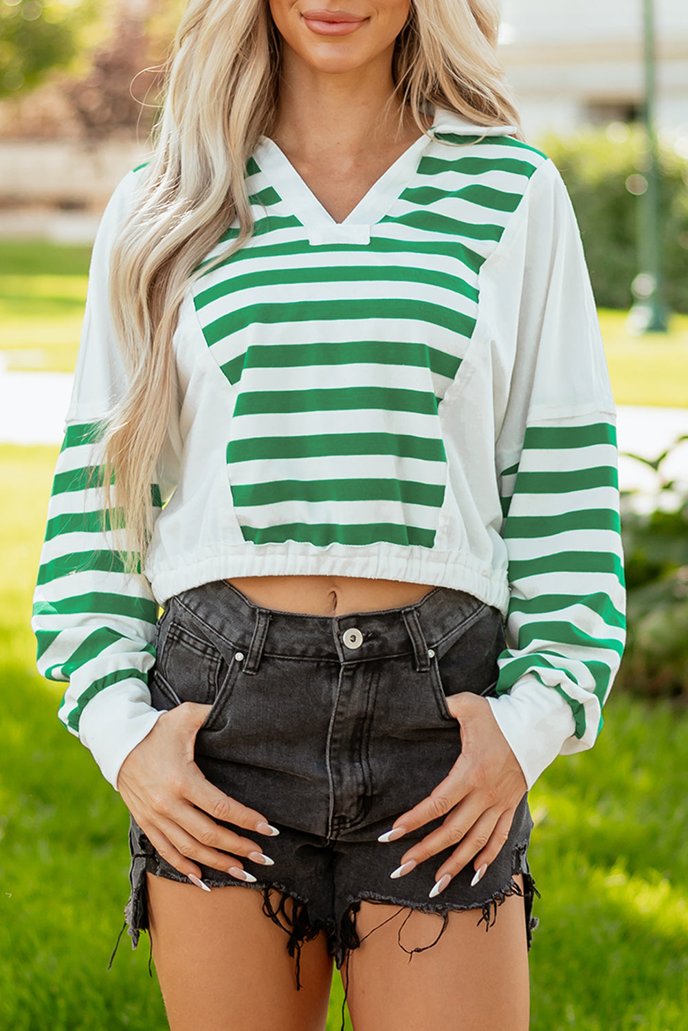 Green Stripe Colorblock Collared V Neck Cropped Knit Pullover-Tops/Long Sleeve Tops-[Adult]-[Female]-2022 Online Blue Zone Planet