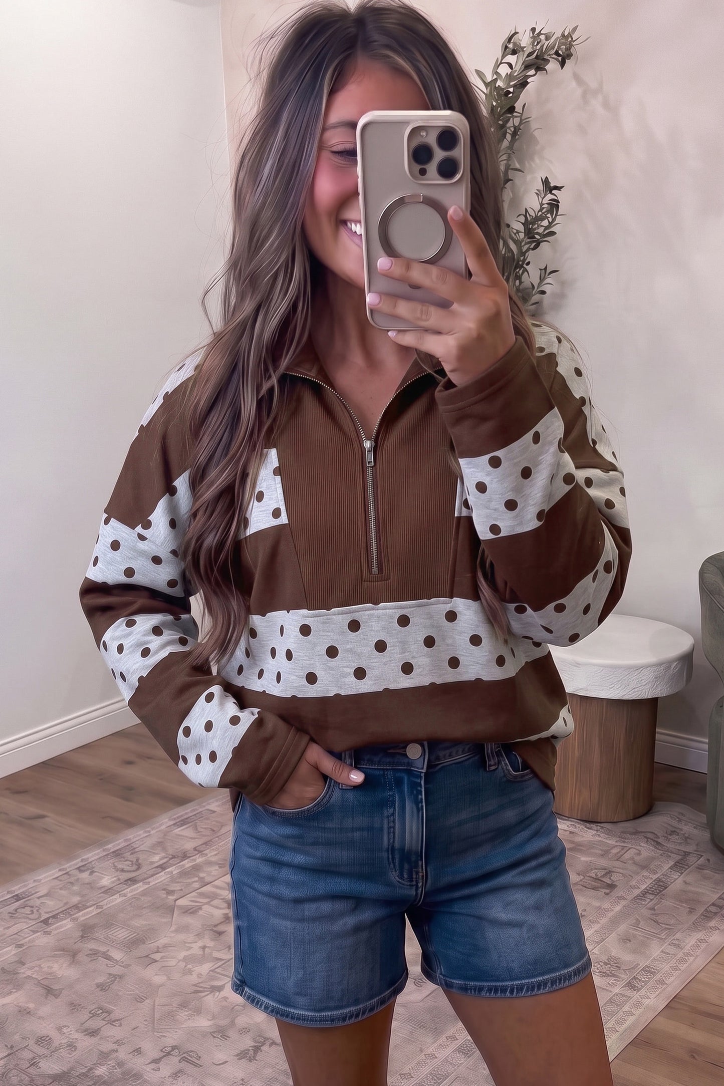 Brown Stripe Patchwork Polka Dot Accent Quarter Zip Long Sleeve Top