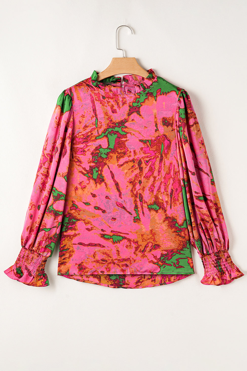Blue Zone Planet | Rose Abstract Print Frilly Neckline Puff Sleeve Blouse-Tops/Blouses & Shirts-[Adult]-[Female]-2022 Online Blue Zone Planet