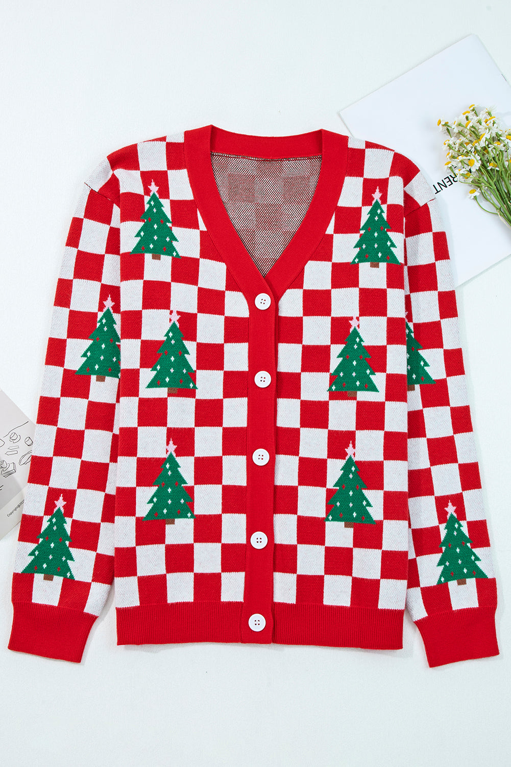 Pink Checkered Christmas Tree Pattern Button V Neck Cardigan Sweater-Sweaters & Cardigans/Cardigans-[Adult]-[Female]-2022 Online Blue Zone Planet