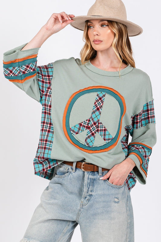 Blue Zone Planet | SAGE + FIG Peace Applique Patch Contrast Plaid Top-TOPS / DRESSES-[Adult]-[Female]-Autumn Sage-S-2022 Online Blue Zone Planet