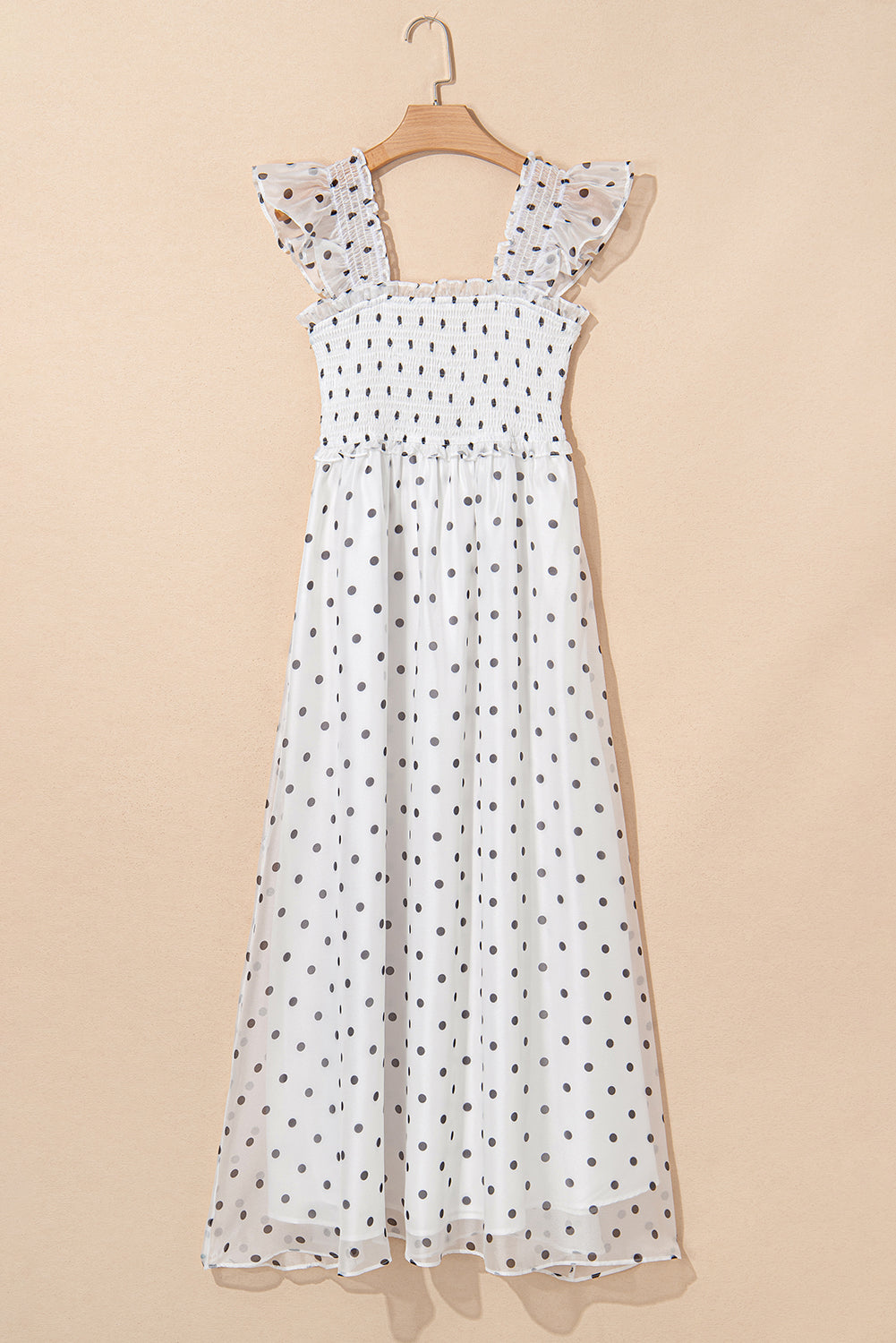 White Polka Dot Flutter Sleeve Square Neck Smocked Maxi Dress-Dresses/Maxi Dresses-[Adult]-[Female]-2022 Online Blue Zone Planet