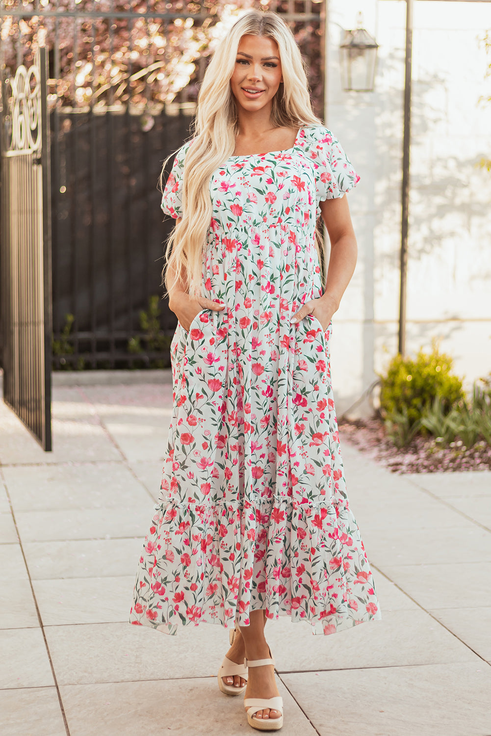 Pink Floral Puff Sleeve Square Neck Empire Waist Tiered Maxi Dress-Dresses/Floral Dresses-[Adult]-[Female]-2022 Online Blue Zone Planet