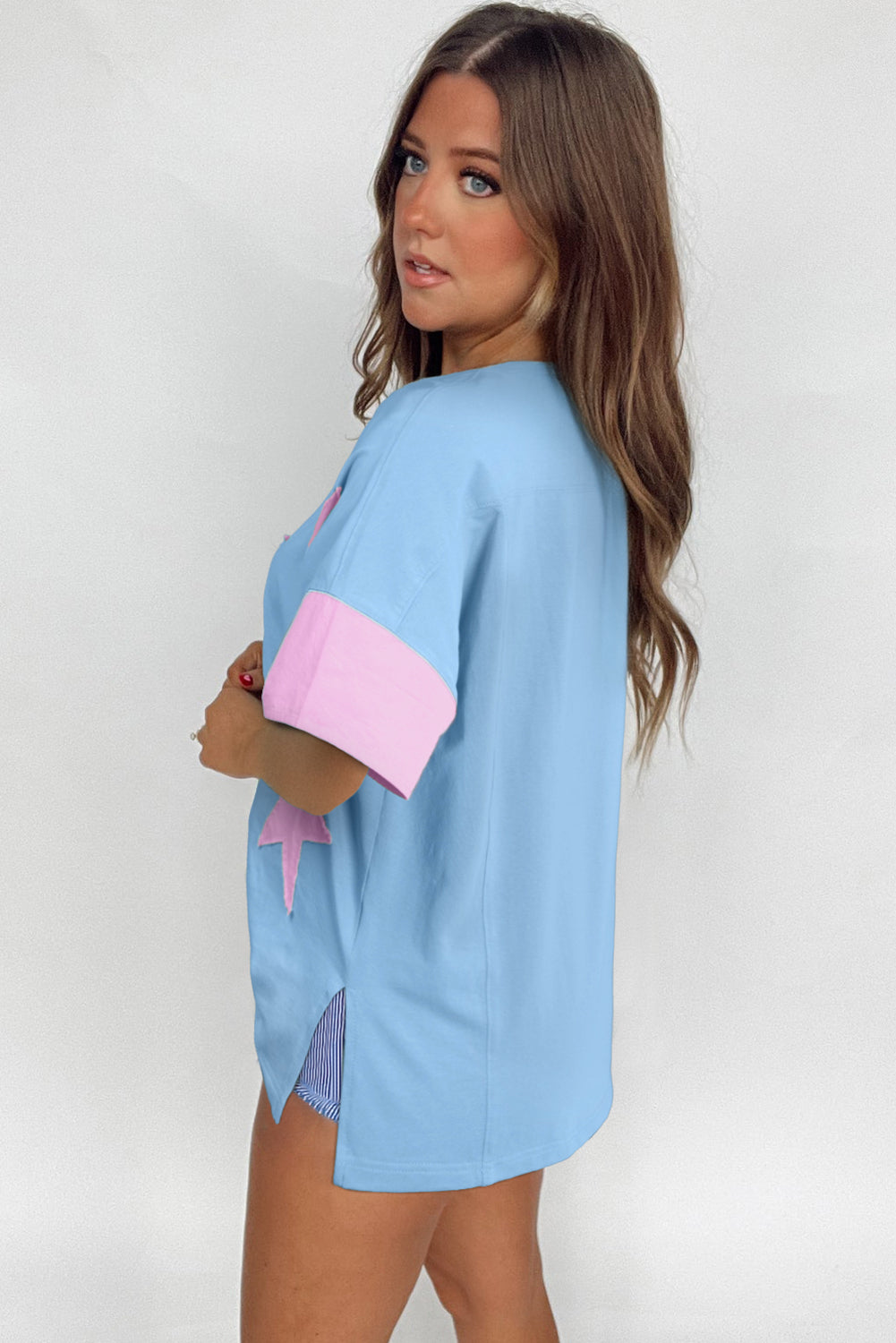 Myosotis Frayed Denim Star Patched Oversize T Shirt-Tops/Tops & Tees-[Adult]-[Female]-2022 Online Blue Zone Planet