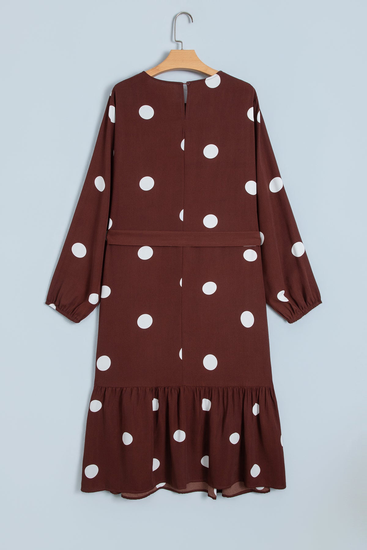 Brown Polka Dot Ruffled Hem Long Sleeve Tie Waist Plus Size Dress-TOPS / DRESSES-[Adult]-[Female]-2022 Online Blue Zone Planet