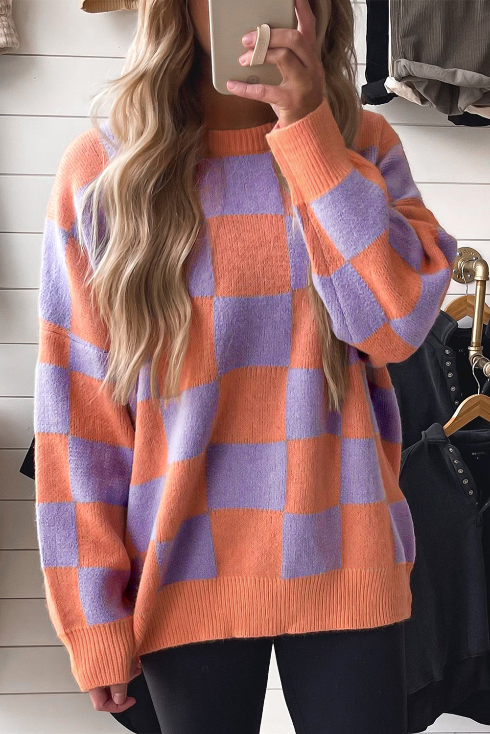 Grapefruit Orange Checkered Pattern Ribbed Trim Knit Baggy Sweater-TOPS / DRESSES-[Adult]-[Female]-Grapefruit Orange-S-2022 Online Blue Zone Planet