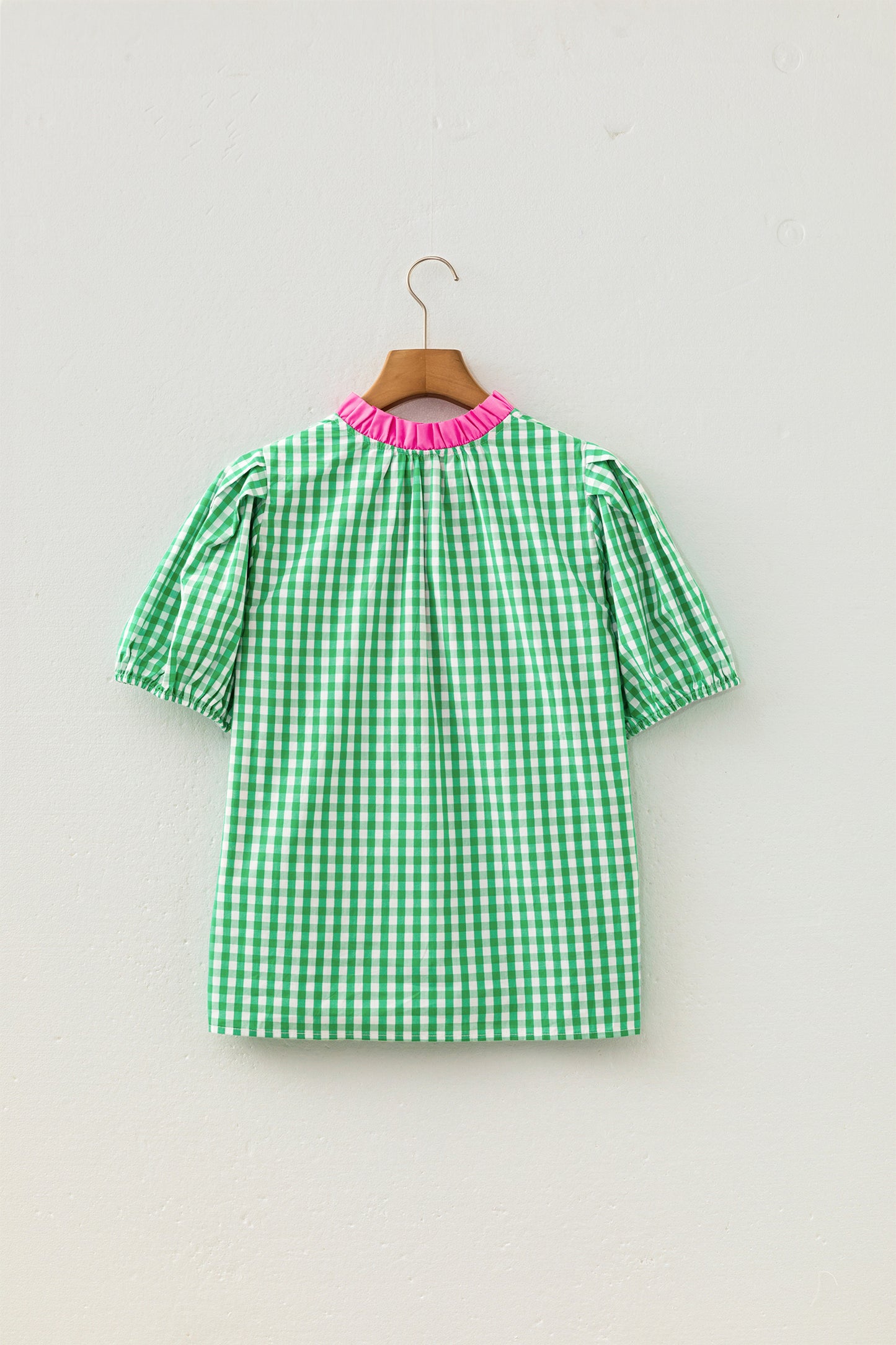 Green Gingham Plaid Bubble Sleeve Colorblock Trim V Neck Blouse-Tops/Blouses & Shirts-[Adult]-[Female]-2022 Online Blue Zone Planet