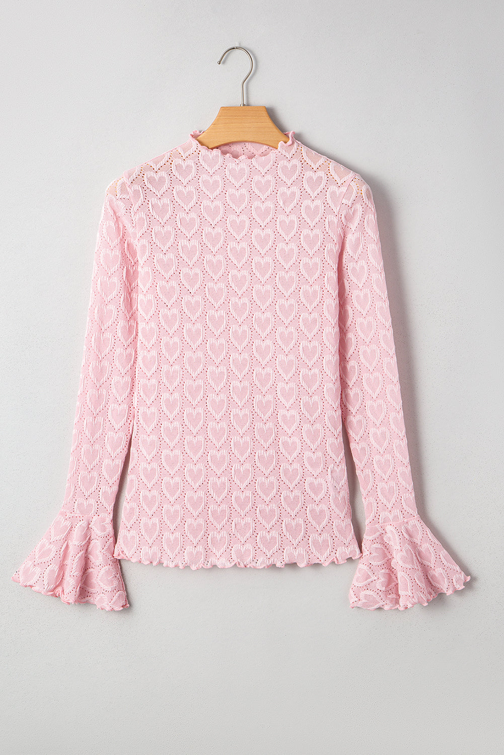 Gossamer Pink Heart Jacquard Flare Sleeve Mock Neck Fitted Top-Tops/Long Sleeve Tops-[Adult]-[Female]-2022 Online Blue Zone Planet