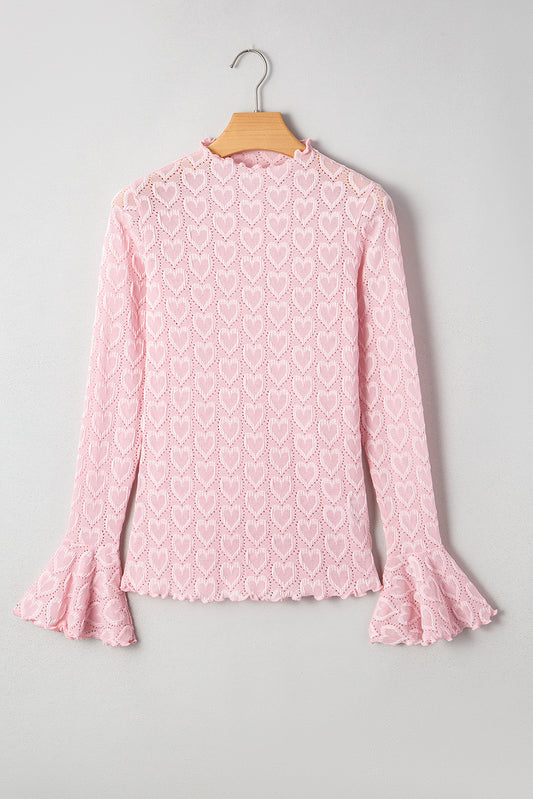 Gossamer Pink Heart Jacquard Flare Sleeve Mock Neck Fitted Top-Tops/Long Sleeve Tops-[Adult]-[Female]-2022 Online Blue Zone Planet