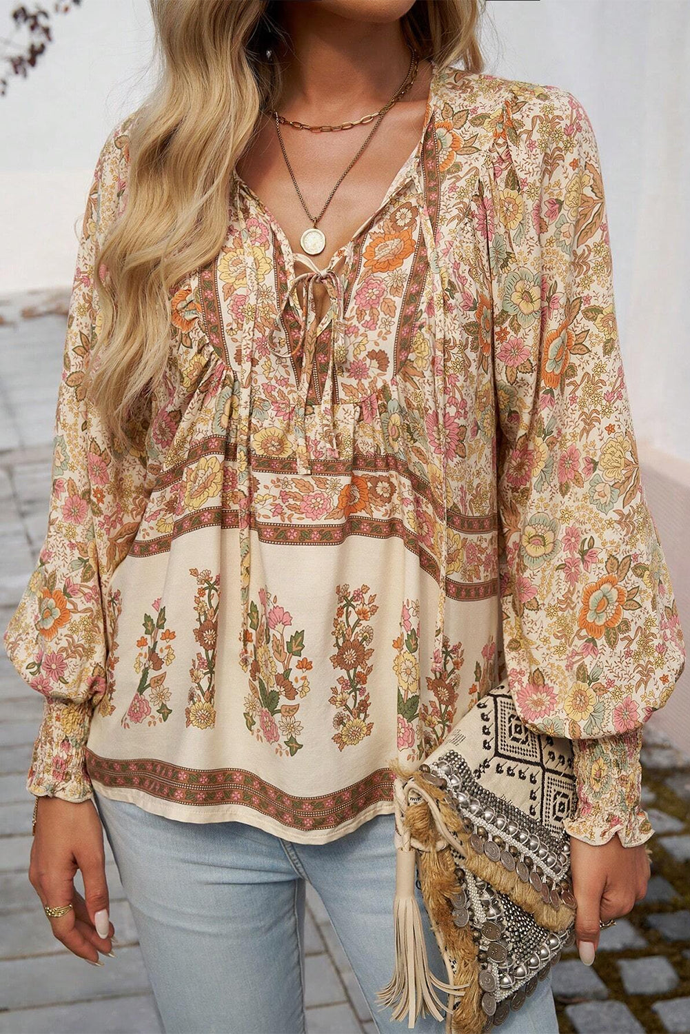 Yellow Floral Print Tie Neck Lantern Sleeve Blouse-Tops/Blouses & Shirts-[Adult]-[Female]-Yellow-S-2022 Online Blue Zone Planet