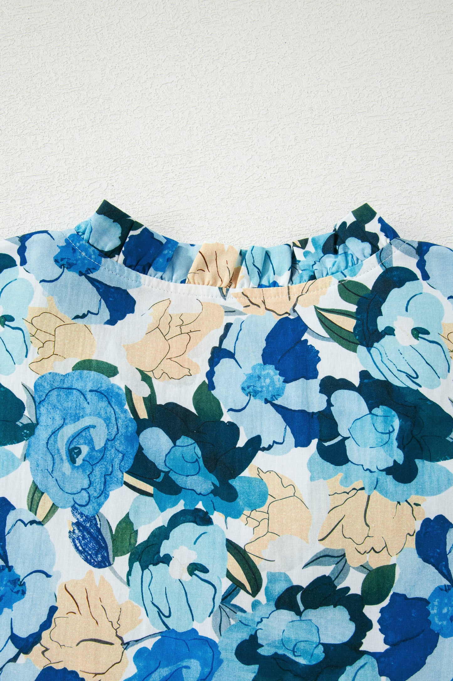 Sky Blue Floral Print Short Puff Sleeve V Neck Blouse-Tops/Blouses & Shirts-[Adult]-[Female]-2022 Online Blue Zone Planet