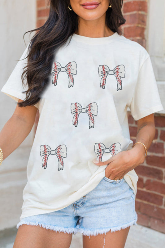 White Glitter Baseball Bow Patched Cotton Blend T Shirt-Graphic/Graphic Tees-[Adult]-[Female]-White-S-2022 Online Blue Zone Planet