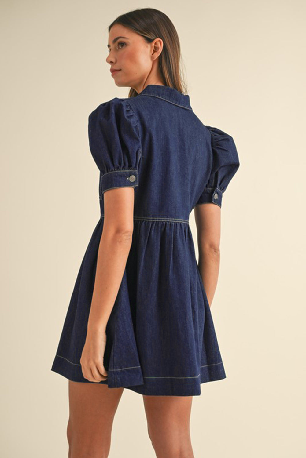 Dirty blue Zipped up Bodice Collared Short Puff Sleeve Denim Dress-TOPS / DRESSES-[Adult]-[Female]-2022 Online Blue Zone Planet