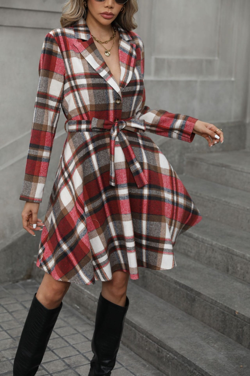 Plaid Tie Waist Long Sleeve Outerwear-TOPS / DRESSES-[Adult]-[Female]-2022 Online Blue Zone Planet