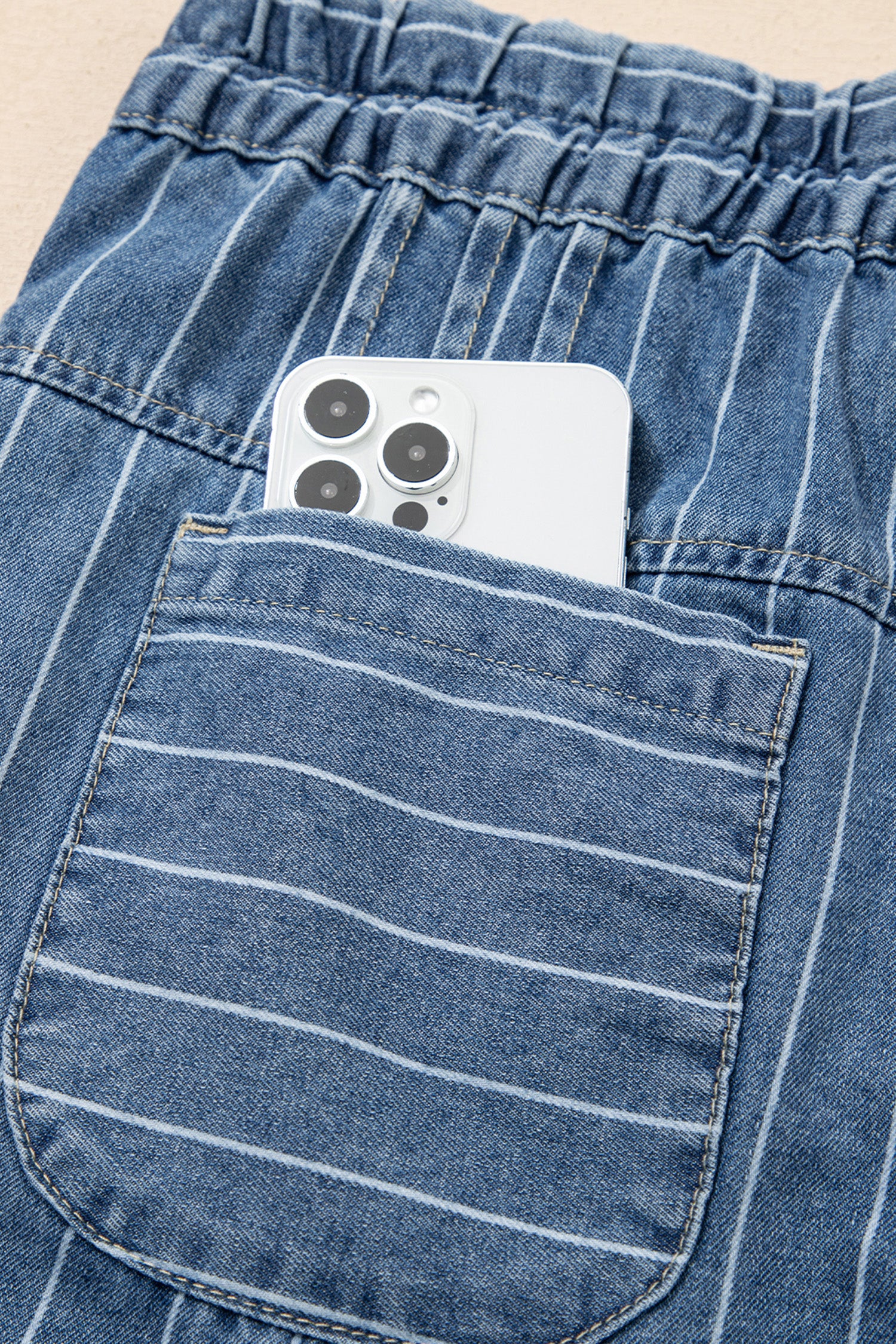 Sky Blue Stripe Button Pleated Drawstring Waist Casual Wide Leg Jeans-Bottoms/Jeans-[Adult]-[Female]-2022 Online Blue Zone Planet