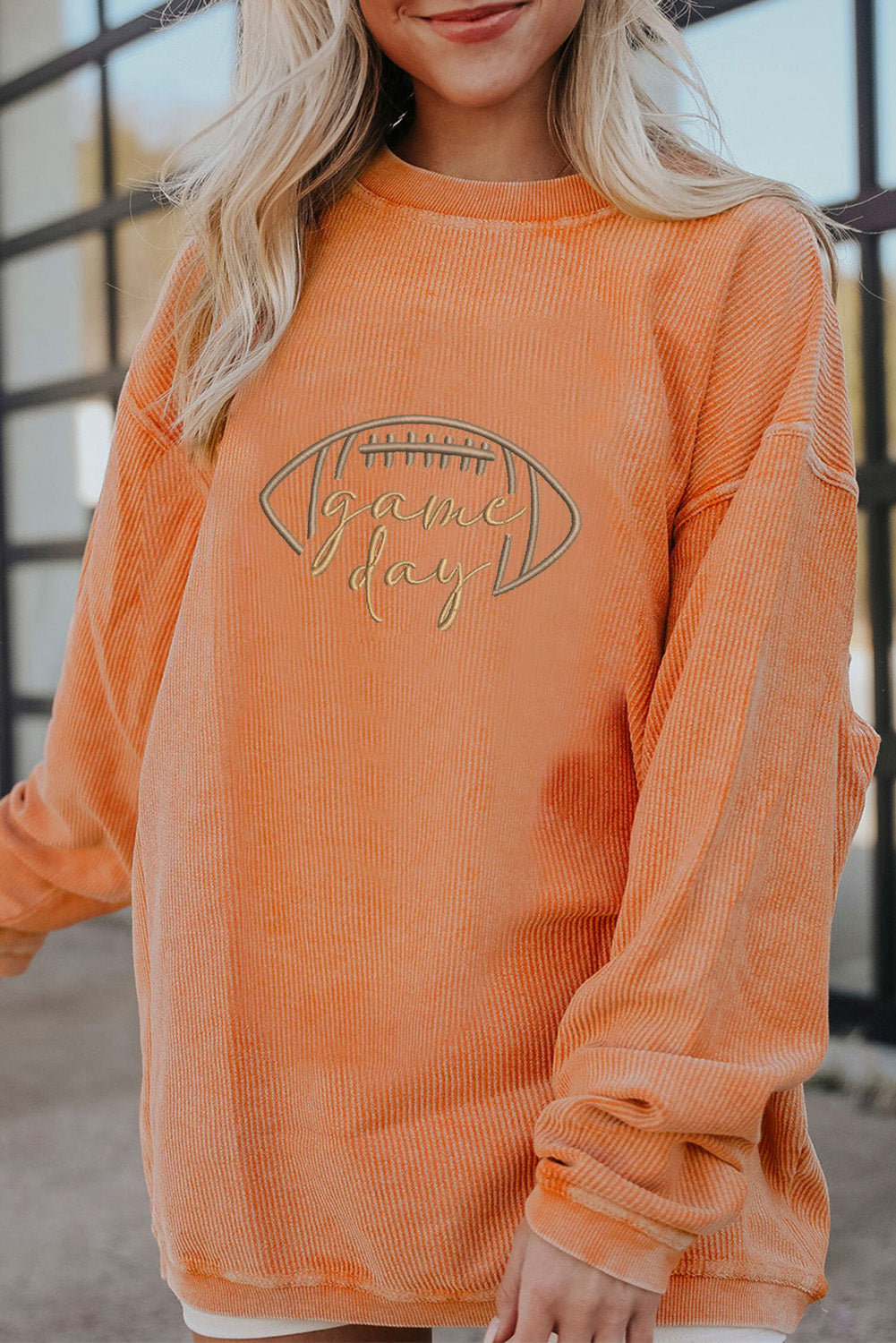 Orange Rugby Game Day Embroidered Corduroy Sweatshirt-Graphic/Graphic Sweatshirts-[Adult]-[Female]-2022 Online Blue Zone Planet