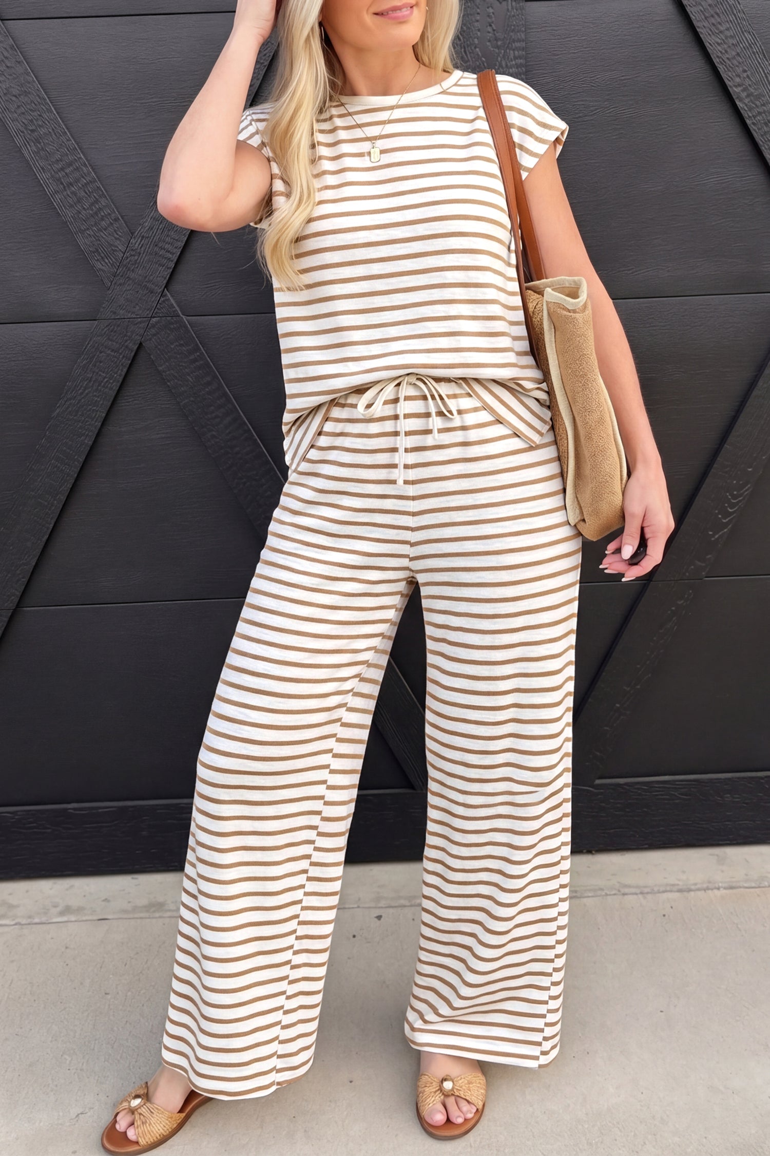 Khaki Stripe Cap Sleeve Tee Drawstring Shift Pants 2pcs Outfit-Two Piece Sets/Pant Sets-[Adult]-[Female]-Khaki Stripe-S-2022 Online Blue Zone Planet