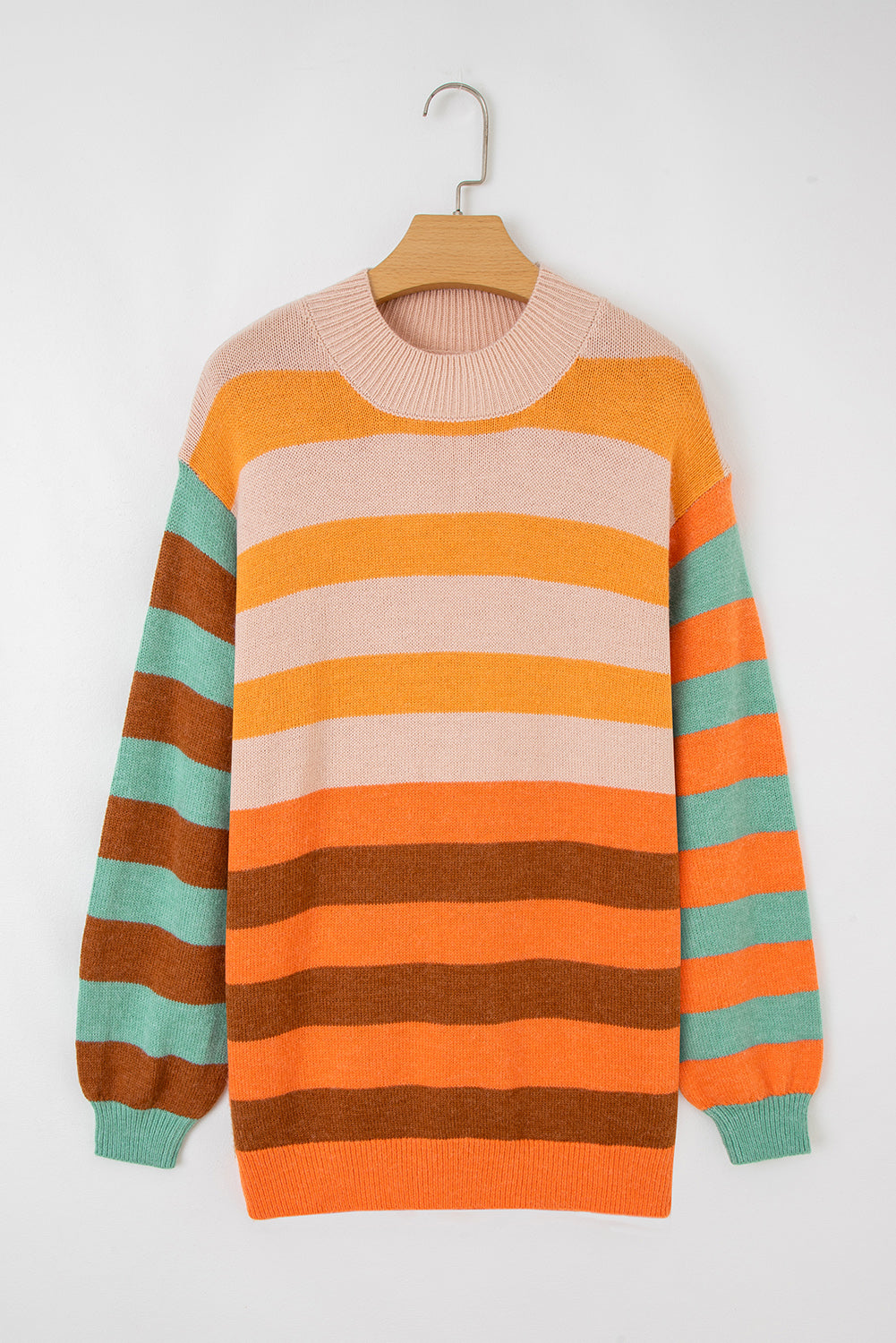 Orange Stripe Color Block High Neck Drop Shoulder Cozy Sweater-Sweaters & Cardigans/Sweaters-[Adult]-[Female]-2022 Online Blue Zone Planet