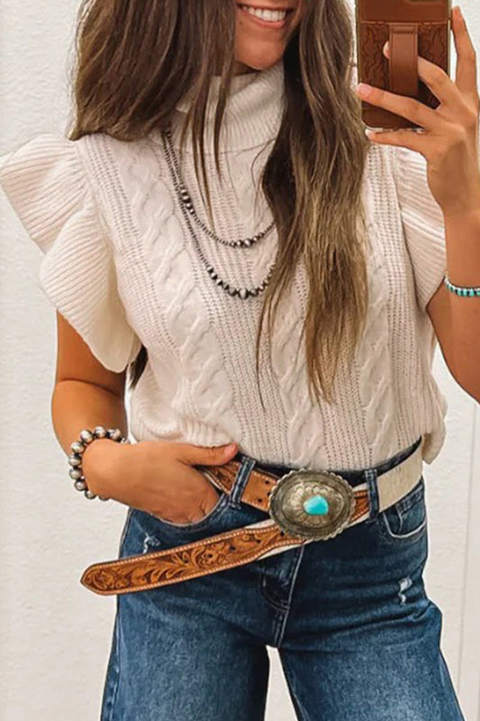 Jet Stream Cable Knit Turtleneck Ruffled Short Sleeve Sweater-Sweaters & Cardigans/Short Sleeve Sweaters-[Adult]-[Female]-Jet Stream-S-2022 Online Blue Zone Planet