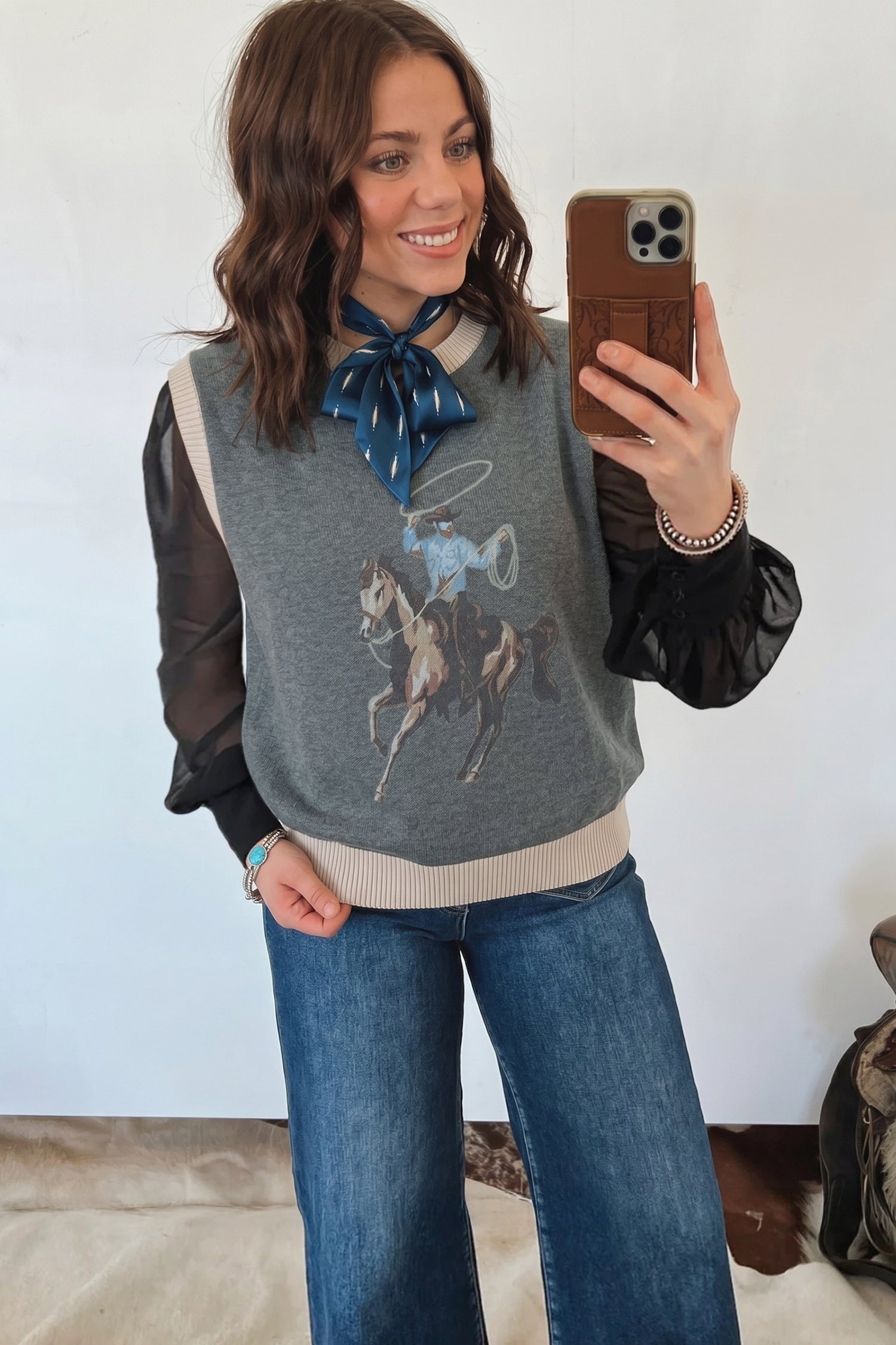 Khaki Western Print Colorblock Sleeveless Knit Vest Regular Length-Sweaters & Cardigans/Sweater Vests-[Adult]-[Female]-2022 Online Blue Zone Planet