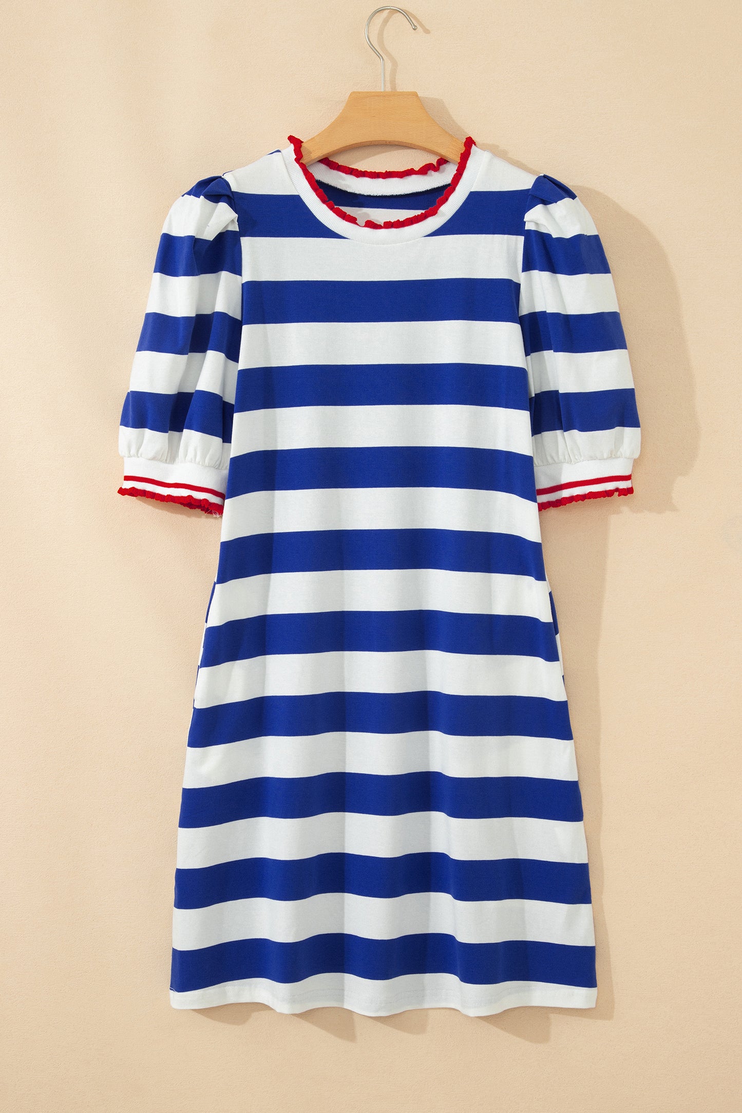 Blue Stripe Contrast Trim Round Neck Short Puff Sleeve Shift Mini Dress-TOPS / DRESSES-[Adult]-[Female]-2022 Online Blue Zone Planet