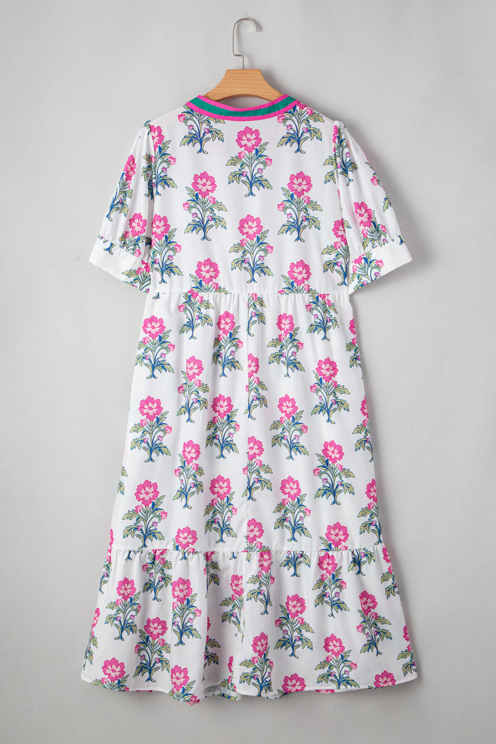 White Allover Print Contrast Split Neckline Short Puff Sleeve Curvy Dress-Plus Size/Plus Size Dresses/Plus Size Maxi Dresses-[Adult]-[Female]-2022 Online Blue Zone Planet