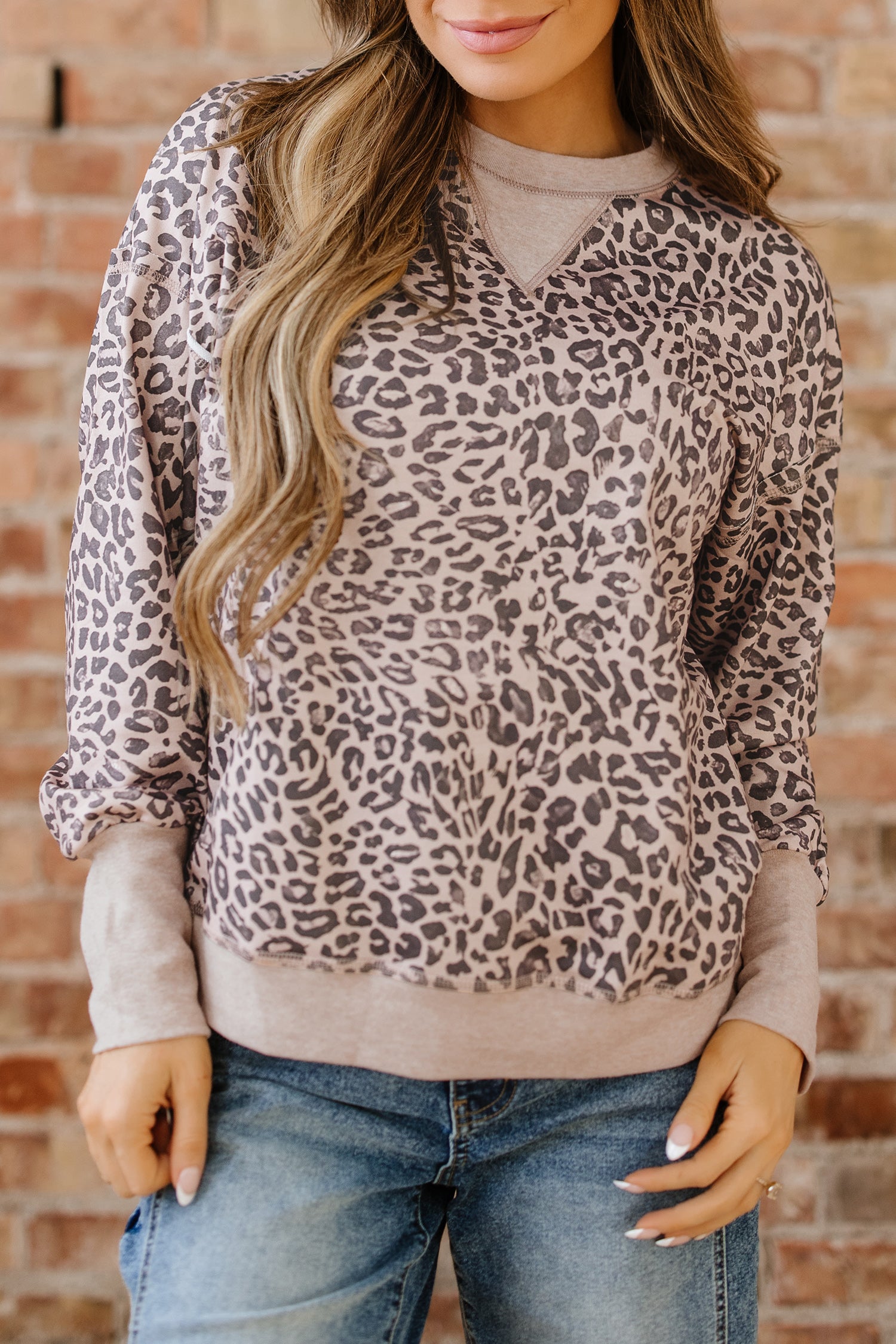 Pink Leopard Print Patchwork Crew Neck Sweatshirt-Tops/Sweatshirts & Hoodies-[Adult]-[Female]-2022 Online Blue Zone Planet