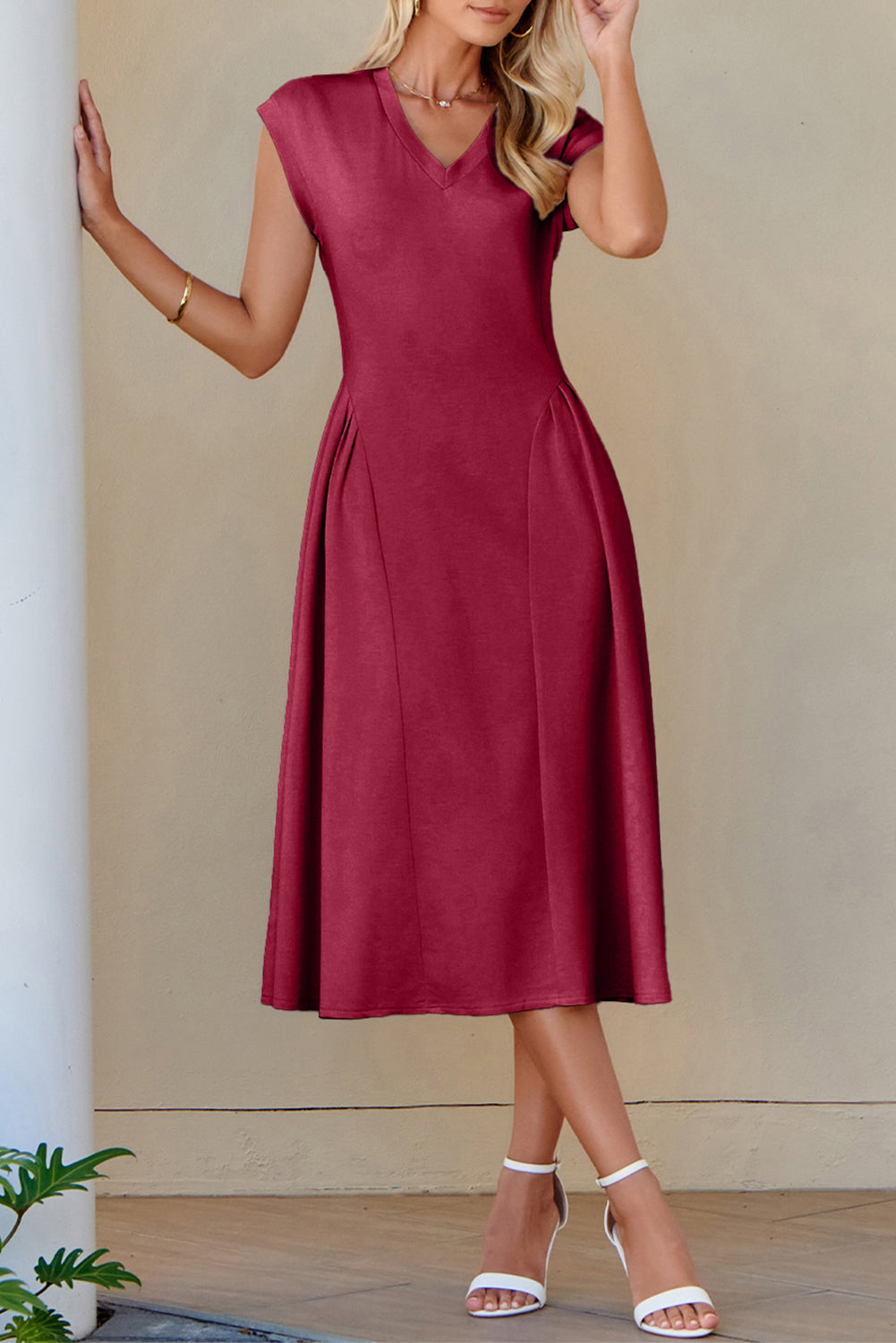 Red Dahlia Solid Color V Neck Pleated Flared Midi Dress-TOPS / DRESSES-[Adult]-[Female]-Red Dahlia-2XL-2022 Online Blue Zone Planet