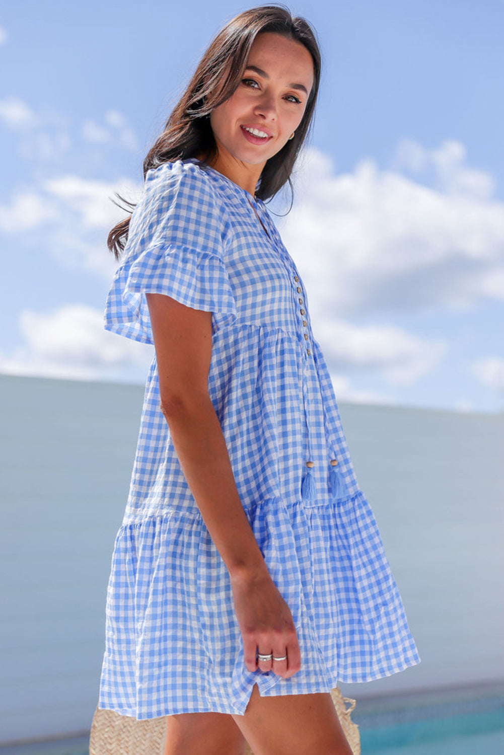 Sky Blue Gingham Short Sleeve Button Tie Split Neck Loose Mini Dress-TOPS / DRESSES-[Adult]-[Female]-2022 Online Blue Zone Planet
