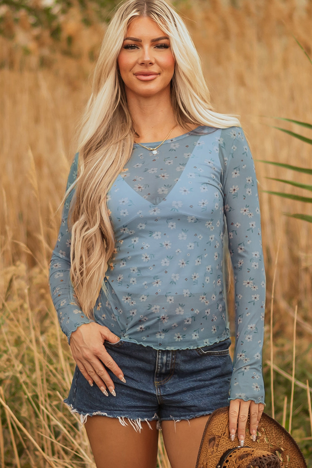 Sky Blue Vintage Floral Print Southern Style Mesh Long Sleeve Top-Tops/Long Sleeve Tops-[Adult]-[Female]-2022 Online Blue Zone Planet