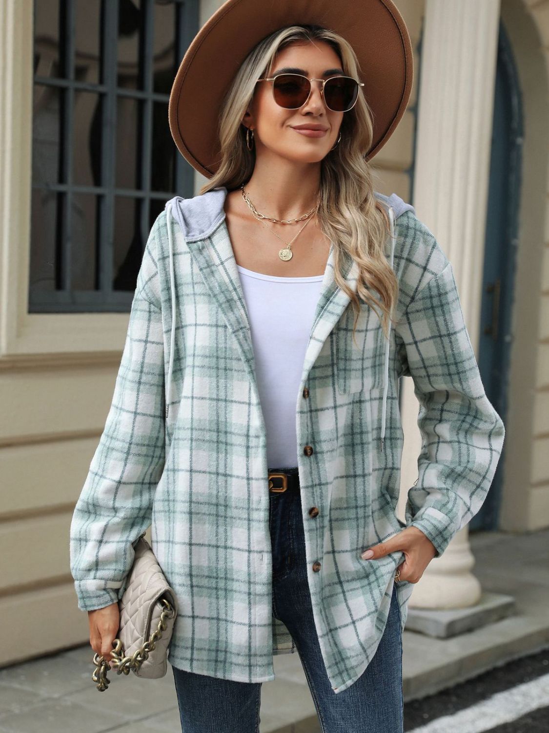 Drawstring Plaid Button Up Hooded Jacket-TOPS / DRESSES-[Adult]-[Female]-Light Green-S-2022 Online Blue Zone Planet