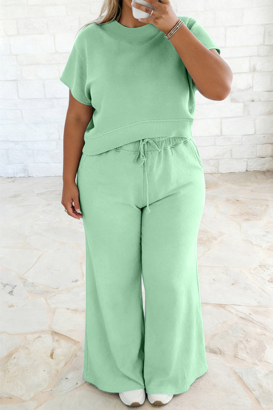 Clearly Aqua Solid Color Ribbed Trim Short Sleeve Top Drawstring Loose Pants 2pcs Outfit-Plus Size/Plus Size Loungewear-[Adult]-[Female]-Clearly Aqua-1X-2022 Online Blue Zone Planet
