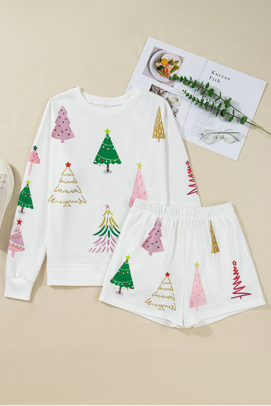White Stripe Multi Christmas Tree Long Sleeve Top and Shorts 2pcs Lounge Set-Loungewear & Sleepwear/Loungewear-[Adult]-[Female]-2022 Online Blue Zone Planet