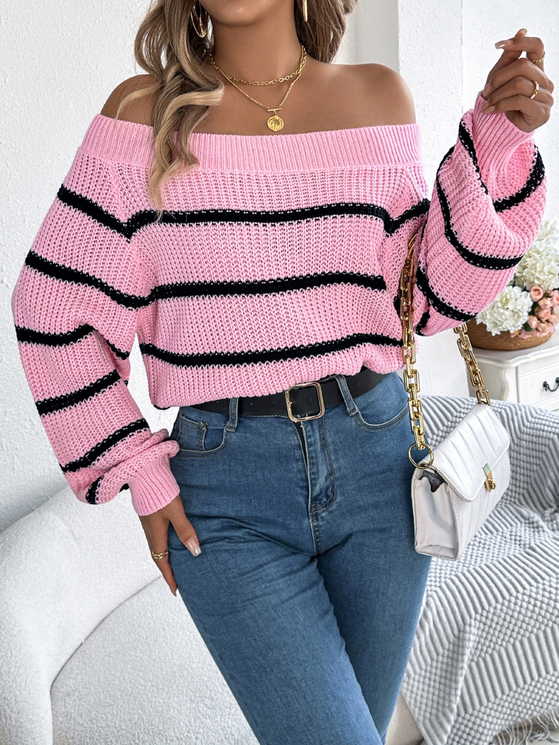 Striped Off-Shoulder Long Sleeve Sweater-TOPS / DRESSES-[Adult]-[Female]-2022 Online Blue Zone Planet