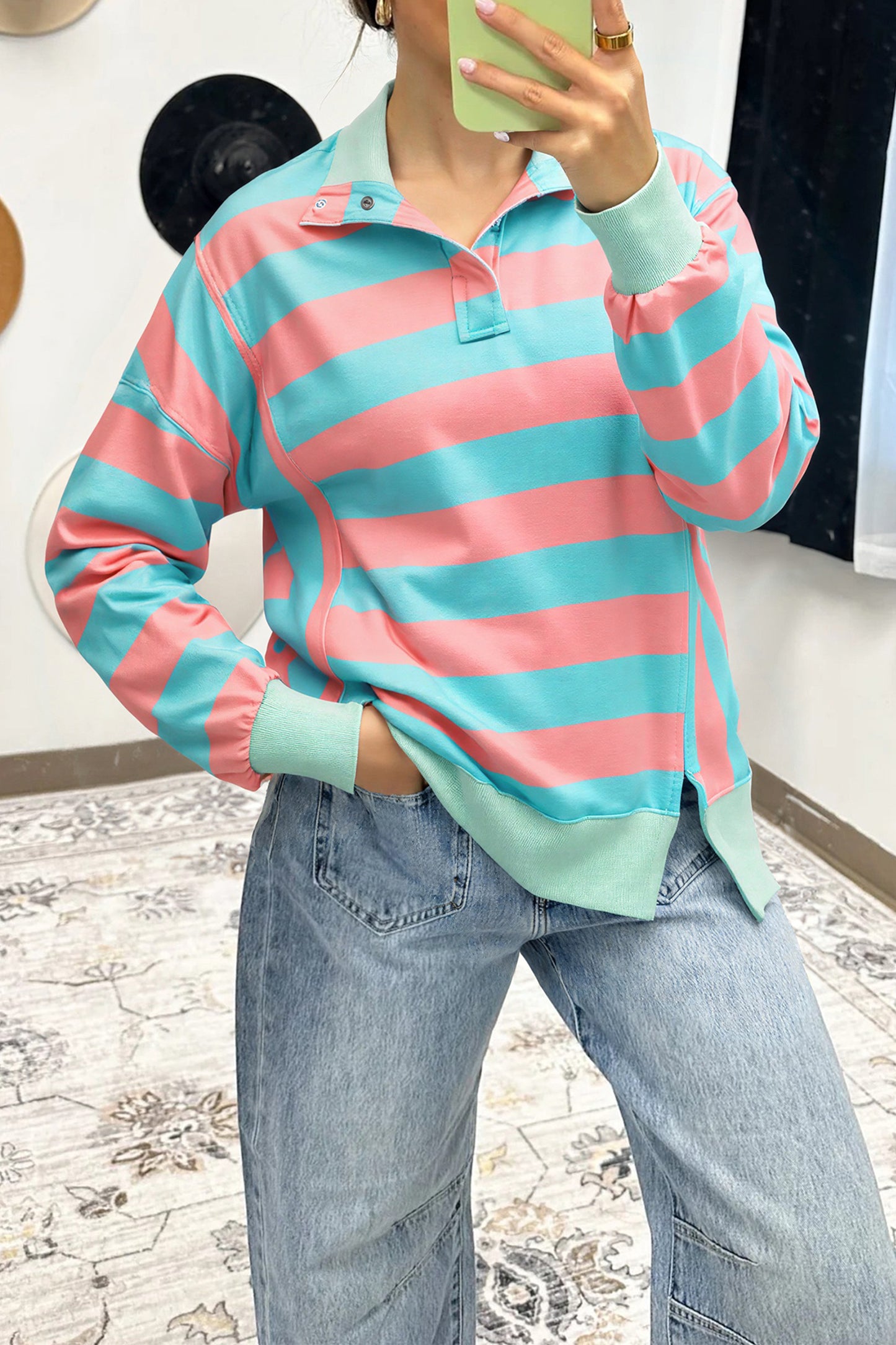 Pink Stripe Colorblock Drop Shoulder Buttoned Collar Side Slit Pullover Top-Tops/Long Sleeve Tops-[Adult]-[Female]-Pink Stripe-S-2022 Online Blue Zone Planet