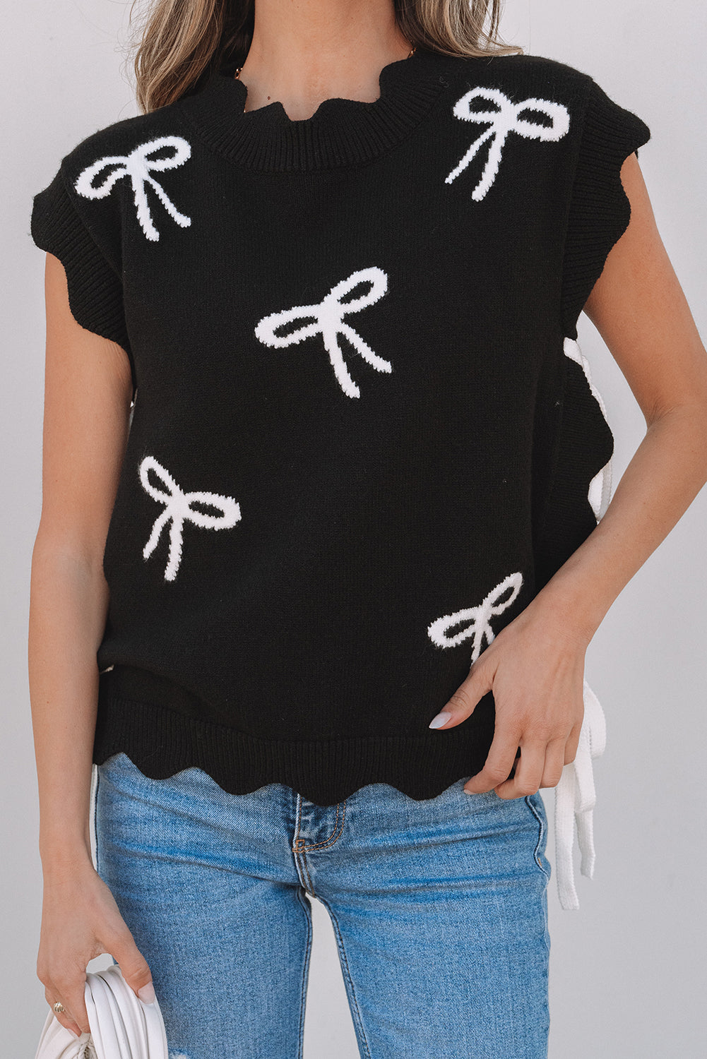 Black Bow Print Side Ties Scalloped Hem Sweater T Shirt-Sweaters & Cardigans/Short Sleeve Sweaters-[Adult]-[Female]-2022 Online Blue Zone Planet