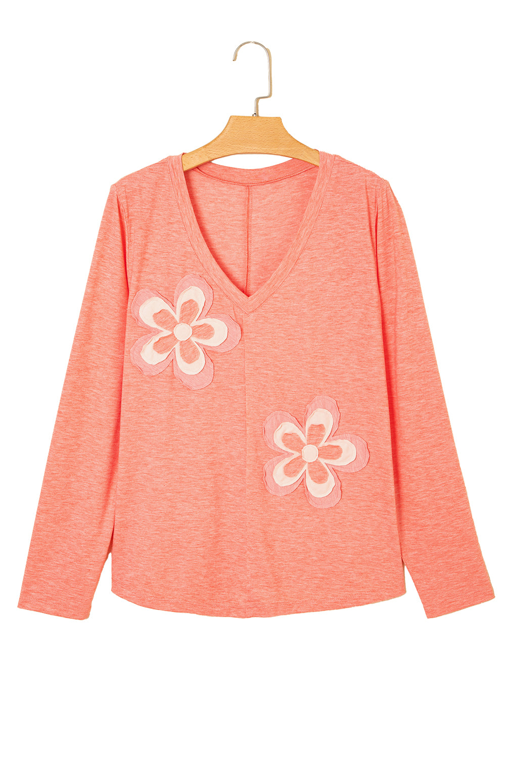Fresh Salmon Floral Patchwork V Neck Long Sleeve T Shirt-Tops/Long Sleeve Tops-[Adult]-[Female]-2022 Online Blue Zone Planet