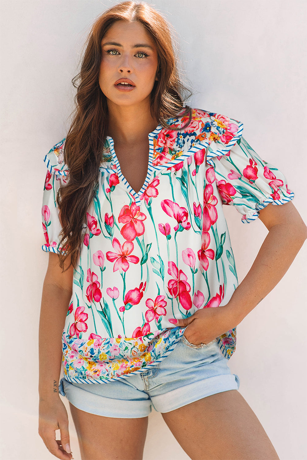 Pink Floral Print Striped Detail Split Neck Short Sleeve Blouse-Tops/Blouses & Shirts-[Adult]-[Female]-2022 Online Blue Zone Planet