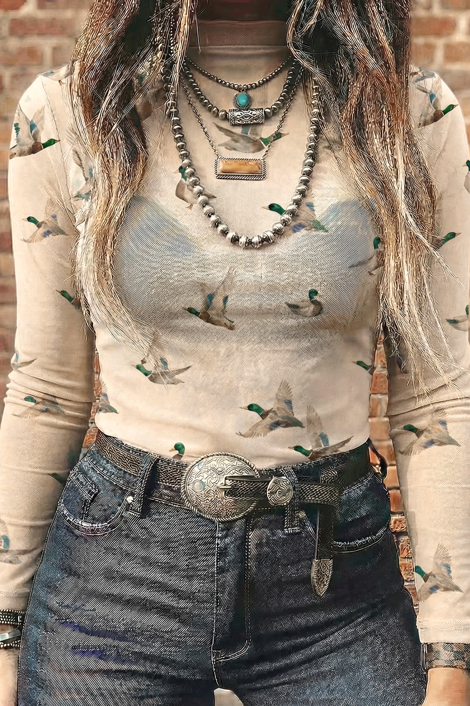 Beige Western Print Mesh High Neck Long Sleeve Sheath Top-Tops/Long Sleeve Tops-[Adult]-[Female]-2022 Online Blue Zone Planet