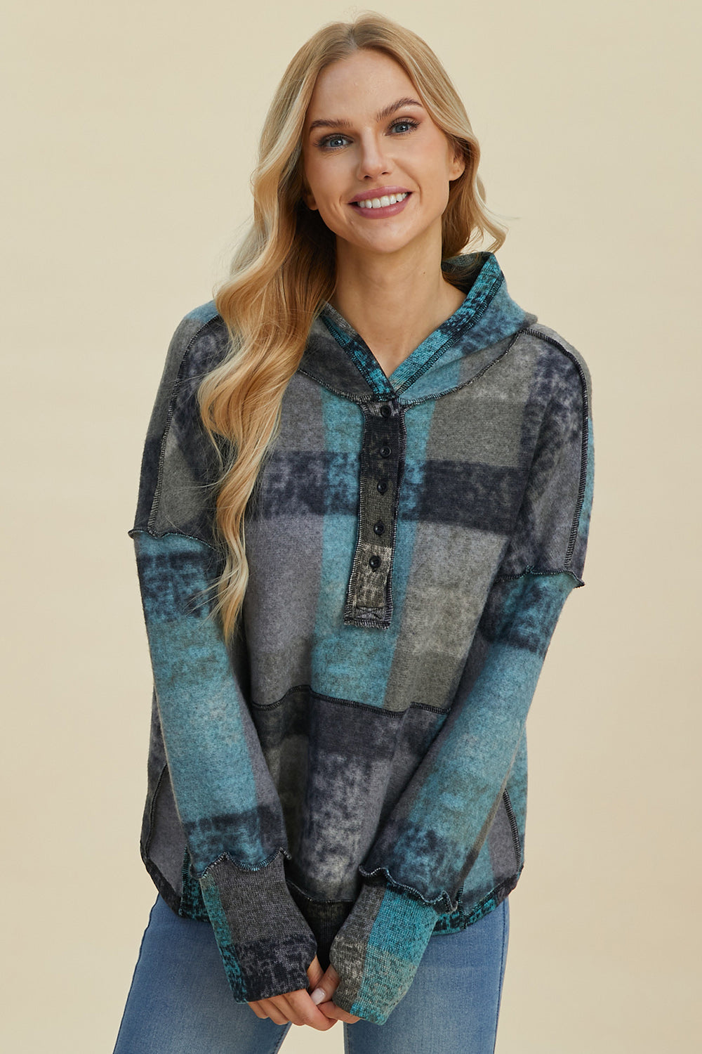 Double Take Full Size Plaid Dropped Shoulder Hoodie-HOODIES-[Adult]-[Female]-2022 Online Blue Zone Planet