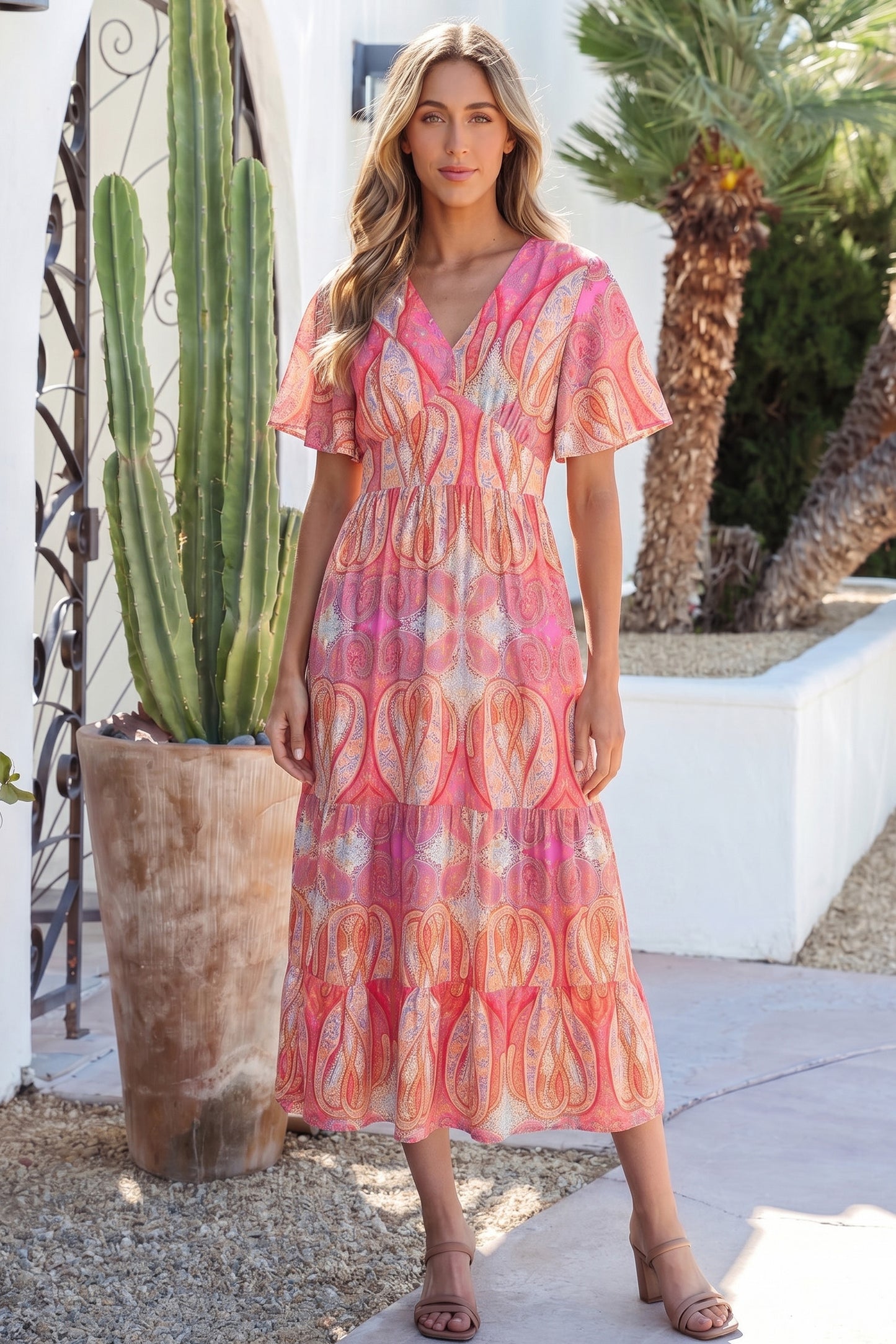 Multicolour Paisley Print V-Neck Short Sleeve Boho Maxi Dress with Ruffle Details-Dresses/Floral Dresses-[Adult]-[Female]-2022 Online Blue Zone Planet