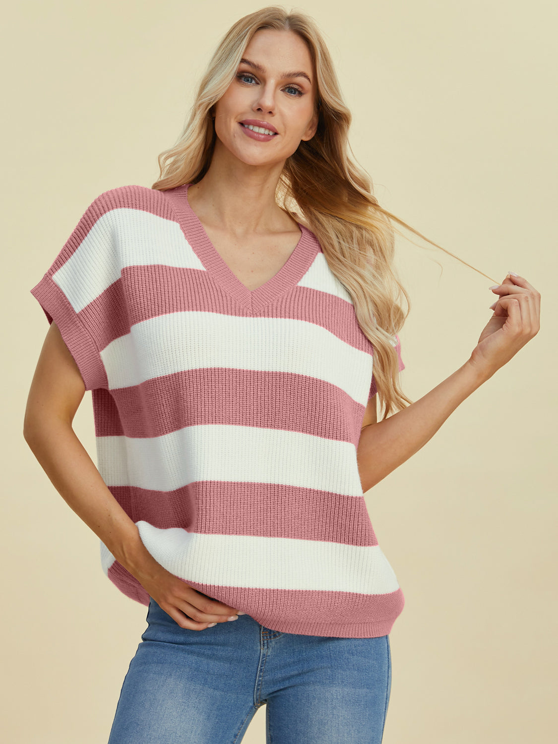 Double Take Full Size Striped V-Neck Short Sleeve Sweater-TOPS / DRESSES-[Adult]-[Female]-2022 Online Blue Zone Planet