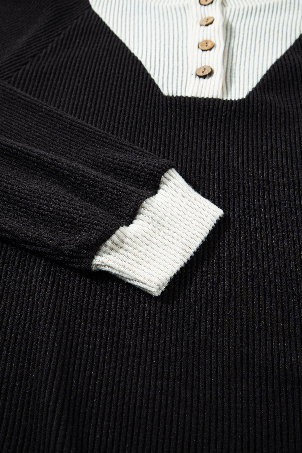 Blue Zone Planet | Black Color Contrast Ribbed Loose Fit Long Sleeve Top-Tops/Long Sleeve Tops-[Adult]-[Female]-2022 Online Blue Zone Planet