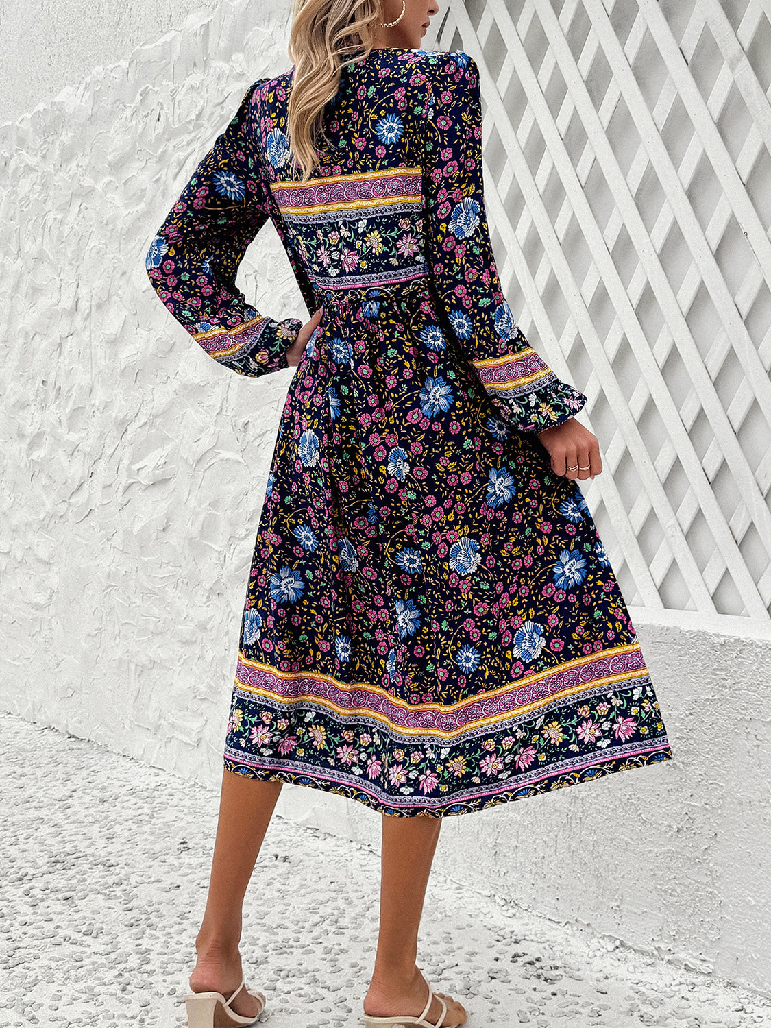 Raven's Tassel Tied Boho Printed Long Sleeve Midi Dress BLUE ZONE PLANET