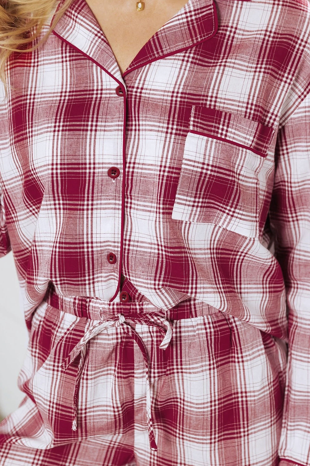 Red Retro Plaid Long Sleeve Shirt Drawstring Shorts 2pcs Lounge Set-Loungewear & Sleepwear/Sleepwear-[Adult]-[Female]-2022 Online Blue Zone Planet