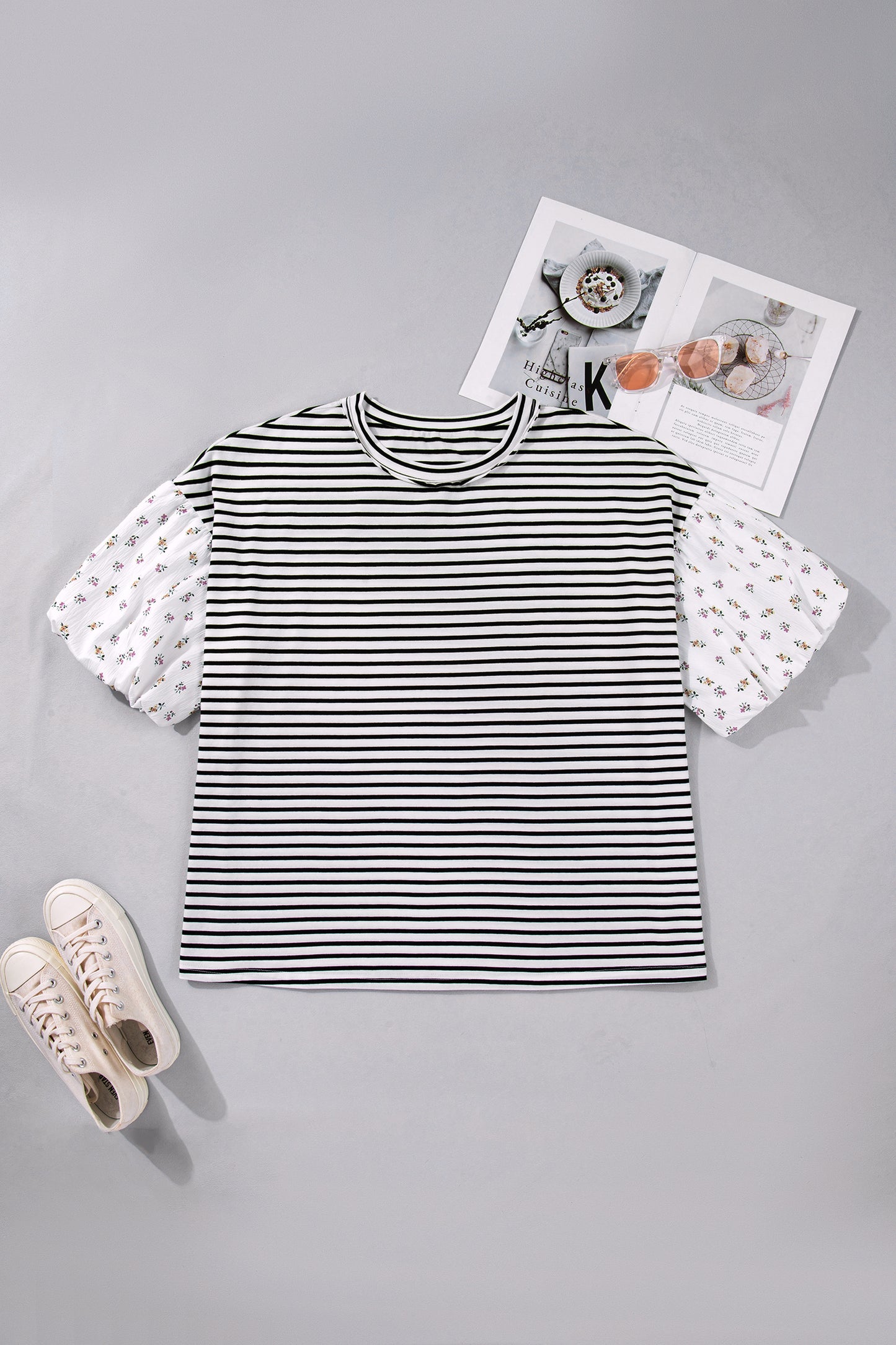 Black Stripe Plus Size Striped Short Sleeve Top with Floral Puff Sleeves-Plus Size/Plus Size Tops/Plus Size Blouses & Shirts-[Adult]-[Female]-2022 Online Blue Zone Planet